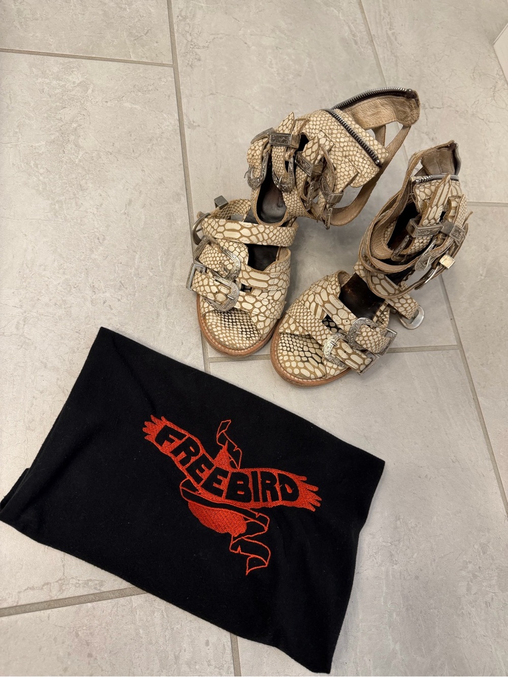 freebird Brooklyn White Snake Leather Buckle Heeled Sandals
